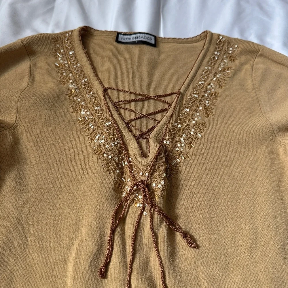Vintage 90s Y2K Brown Tan Boho Fairy Top with Fringe and Beaded Sequin Details - Picture 4 of 12